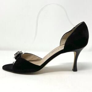 Manolo Blahnik Y2K Black Suede Jeweled Peep Toe Heels EU 38.5